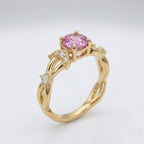 Lab Grown Pink Sapphire Crescent Moon Ring, Moissanite Accents, Leaf Design, Promise Ring