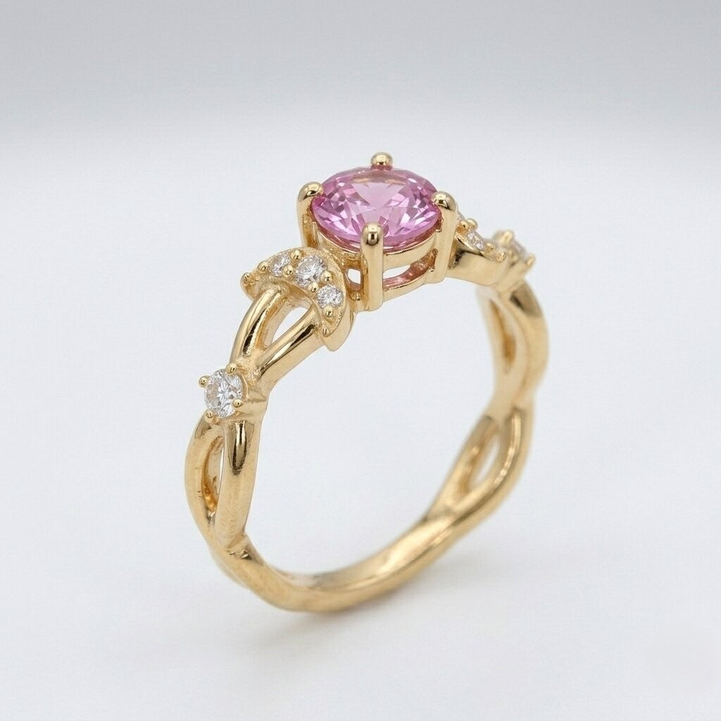 Lab Grown Pink Sapphire Crescent Moon Ring, Moissanite Accents, Leaf Design, Promise Ring
