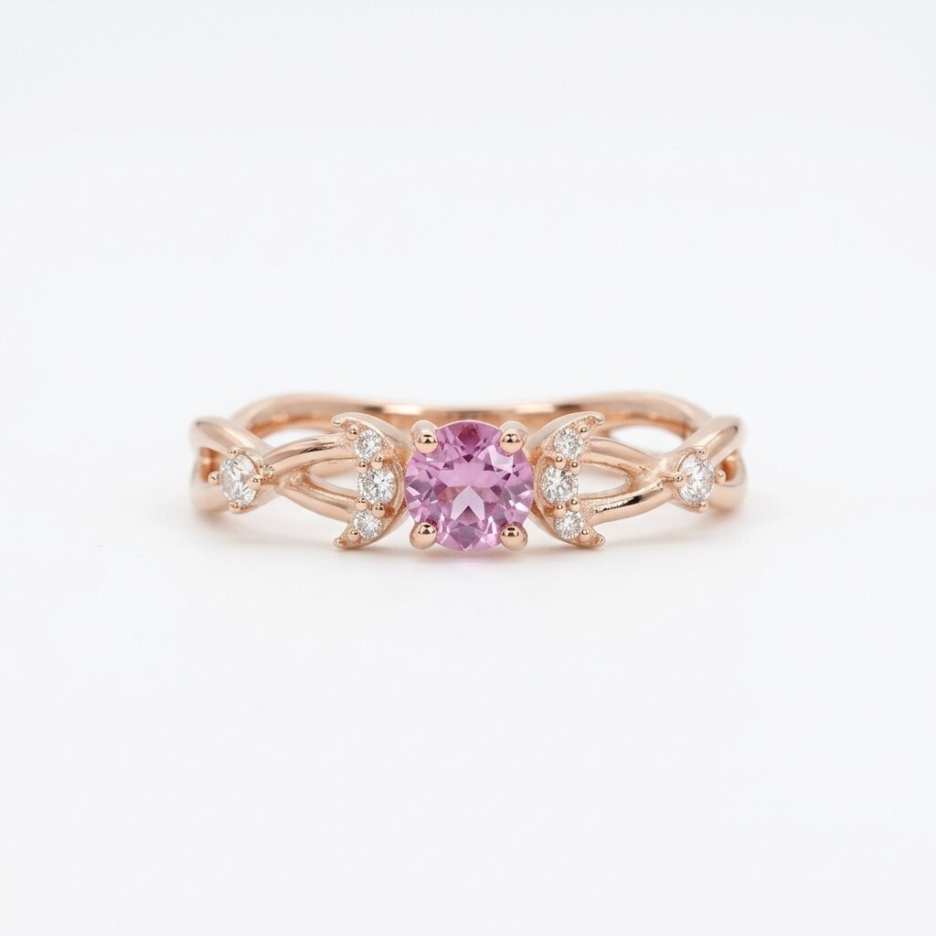Lab Grown Pink Sapphire Crescent Moon Ring, Moissanite Accents, Leaf Design, Promise Ring