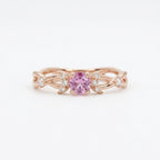 Lab Grown Pink Sapphire Crescent Moon Ring, Moissanite Accents, Leaf Design, Promise Ring