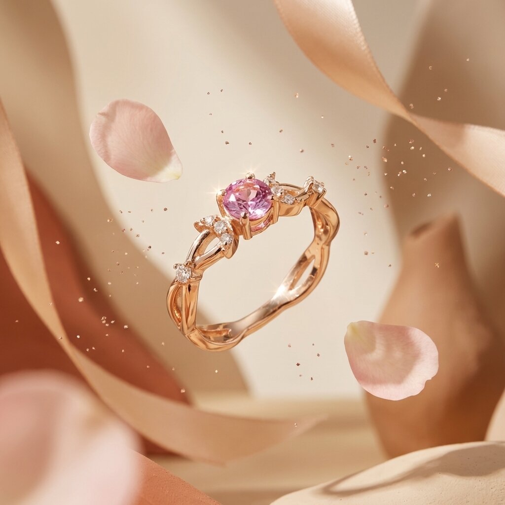 Lab Grown Pink Sapphire Crescent Moon Ring, Moissanite Accents, Leaf Design, Promise Ring