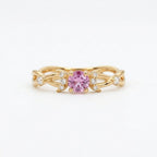 Lab Grown Pink Sapphire Crescent Moon Ring, Moissanite Accents, Leaf Design, Promise Ring