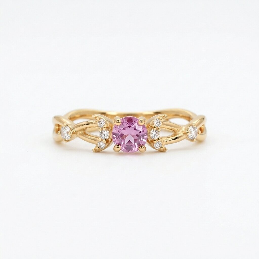 Lab Grown Pink Sapphire Crescent Moon Ring, Moissanite Accents, Leaf Design, Promise Ring