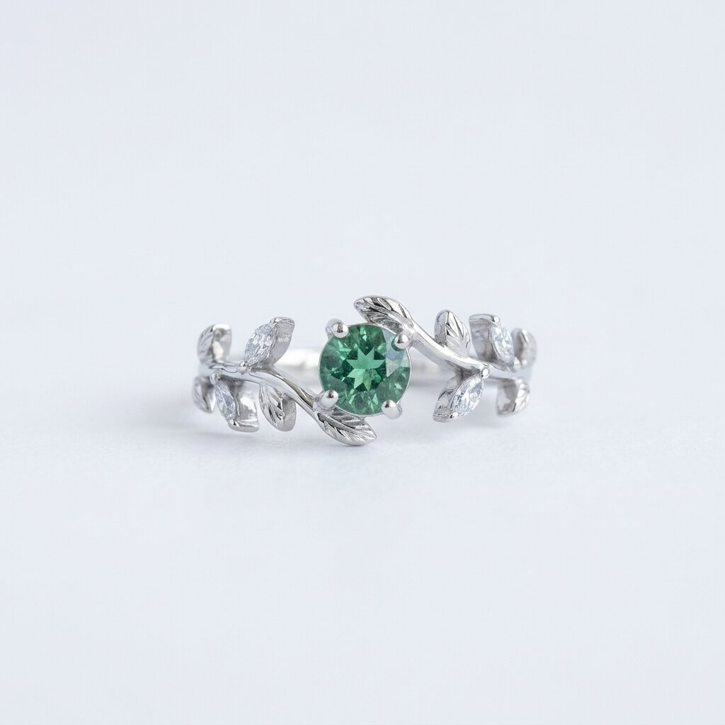 Green Tourmaline Twig Vine Leaf Engagement Ring, Moissanite Wedding Band, Women's Anniversary Gift