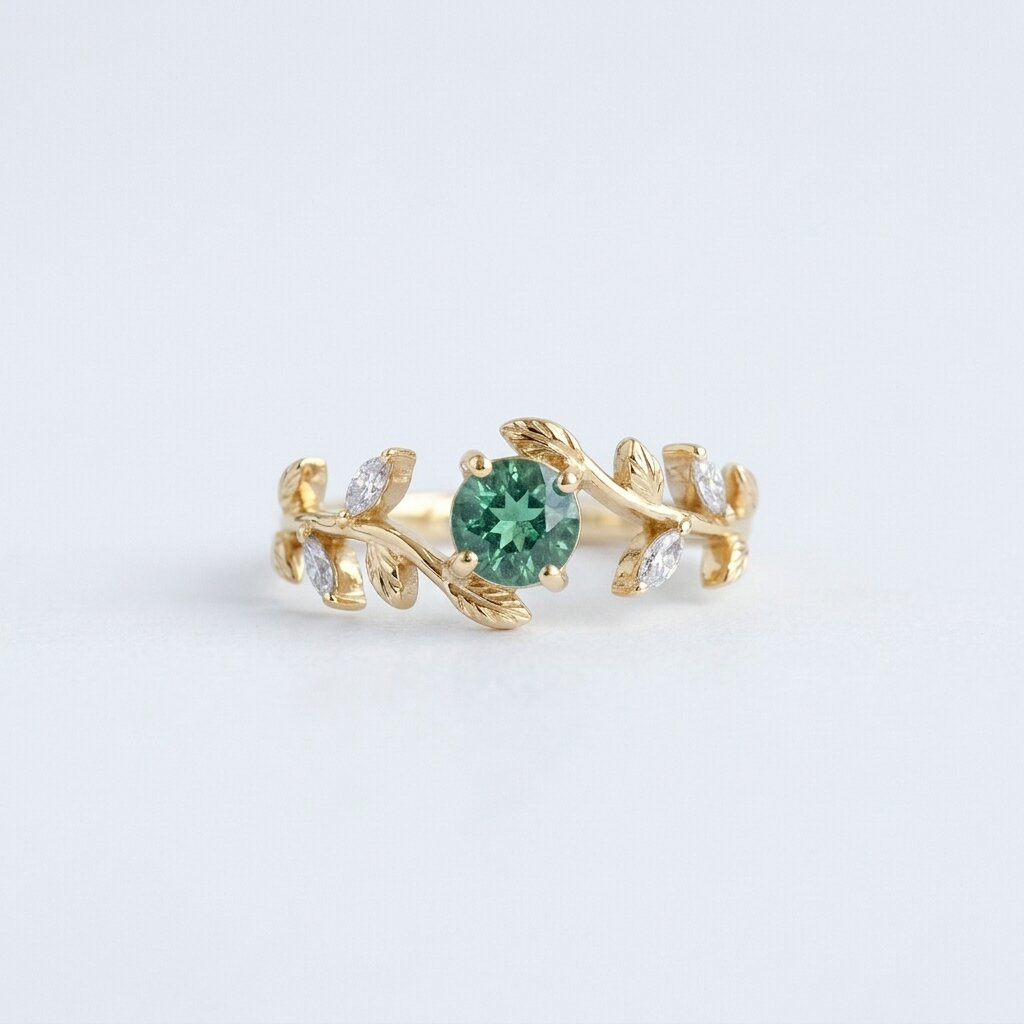 Green Tourmaline Twig Vine Leaf Engagement Ring, Moissanite Wedding Band, Women's Anniversary Gift