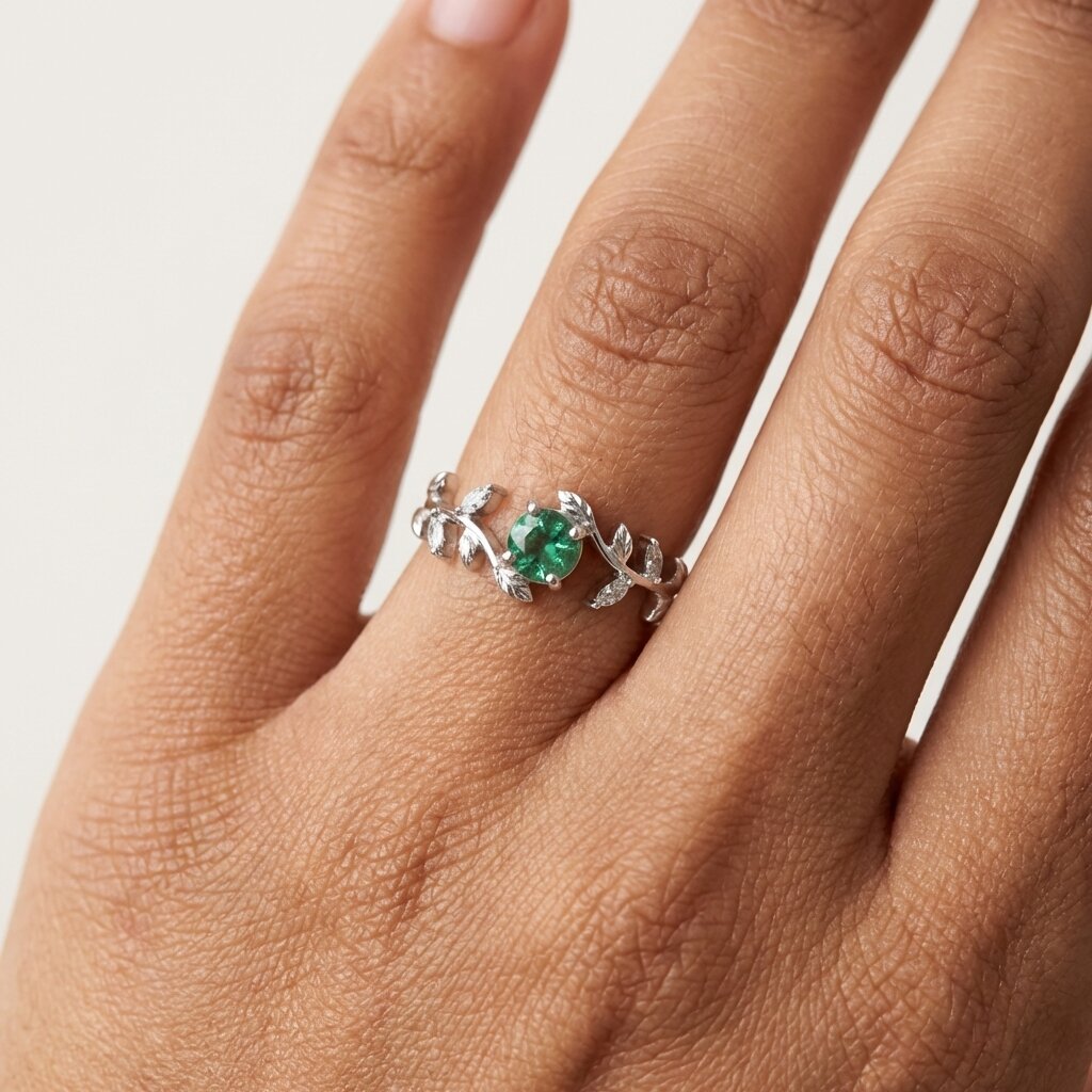 Green Tourmaline Twig Vine Leaf Engagement Ring, Moissanite Wedding Band, Women's Anniversary Gift