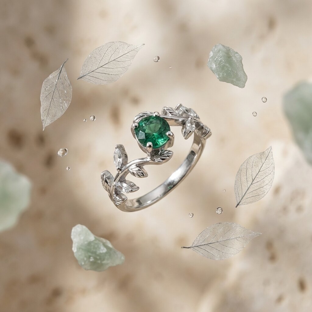 Green Tourmaline Twig Vine Leaf Engagement Ring, Moissanite Wedding Band, Women's Anniversary Gift