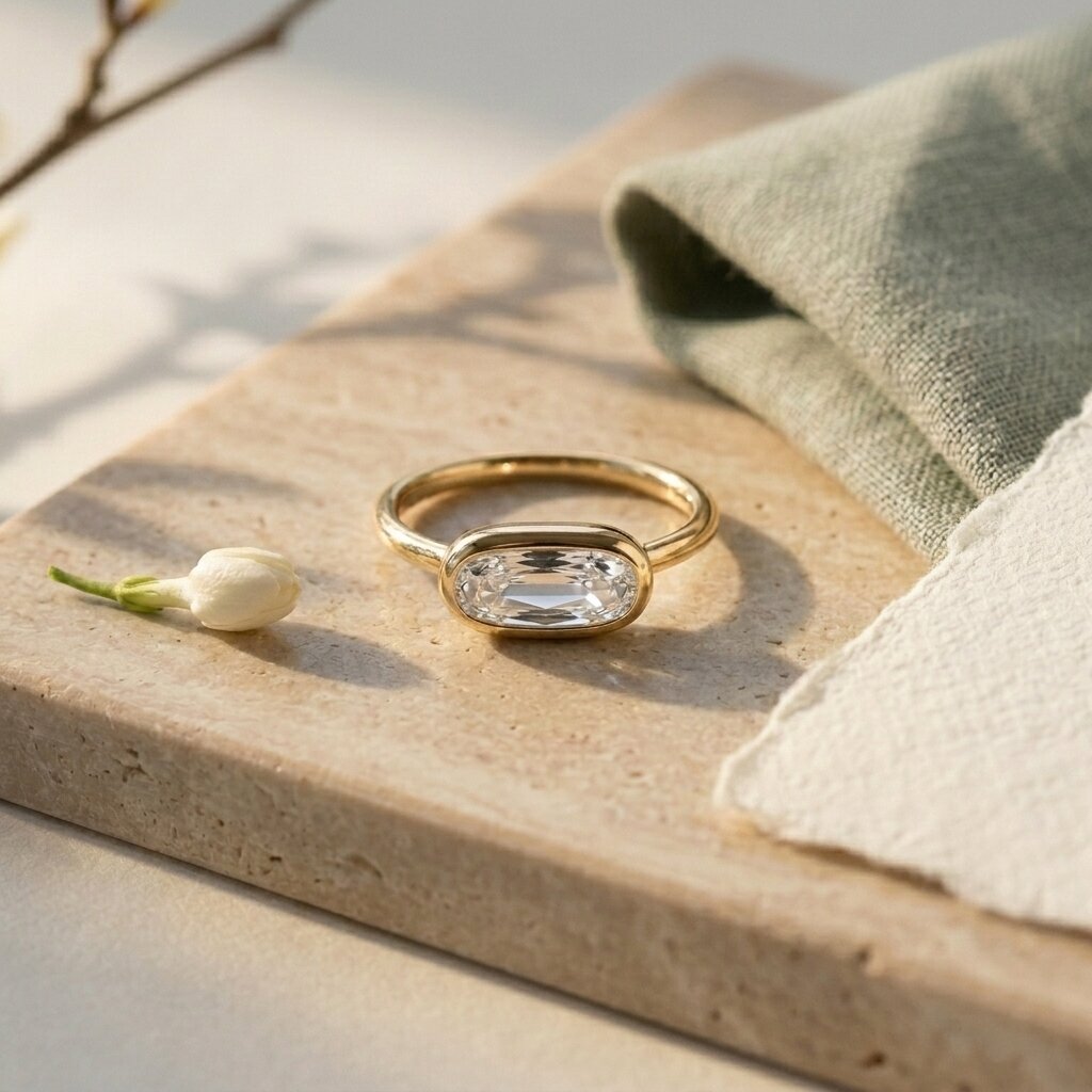 14k Gold Oval Moissanite Bezel Engagement Ring, East West Oval Solitaire Ring, Long Oval Ring, Minimalist Ring, Gift For Her The Jewel Temple