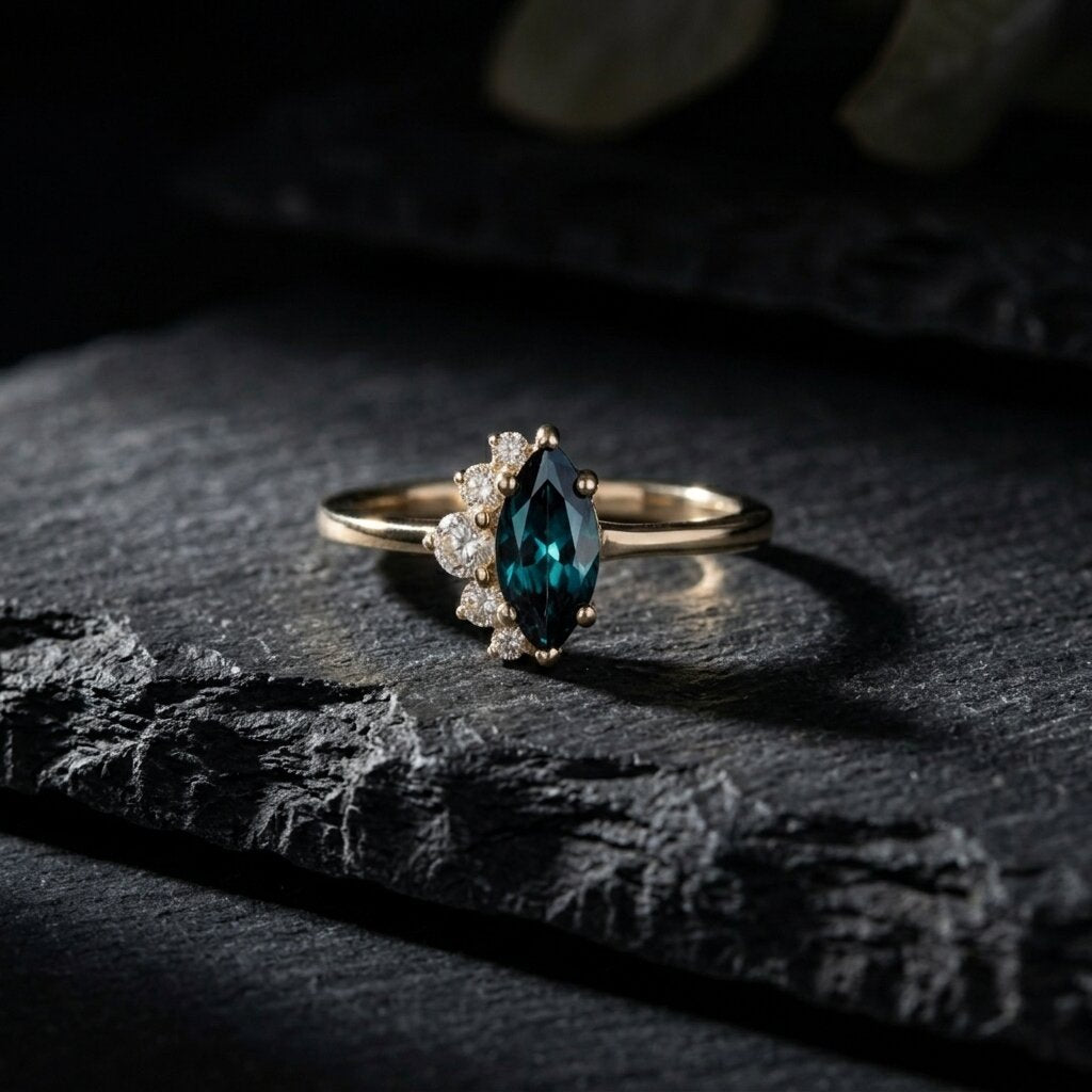 Marquise Cut Alexandrite Ring, Color Changing Stone, Solid Gold Engagement Ring