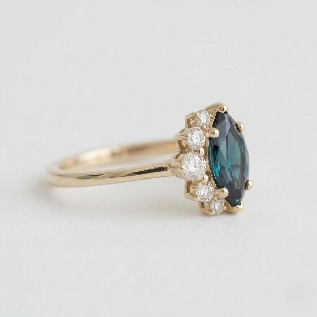 Teal Sapphire Cushion Cut Three Stone Ring | 14K Gold Engagement Bridal Jewelry