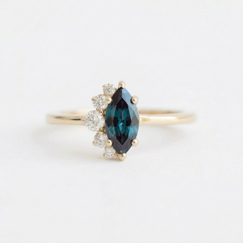Marquise Cut Alexandrite Ring, Color Changing Stone, Solid Gold Engagement Ring