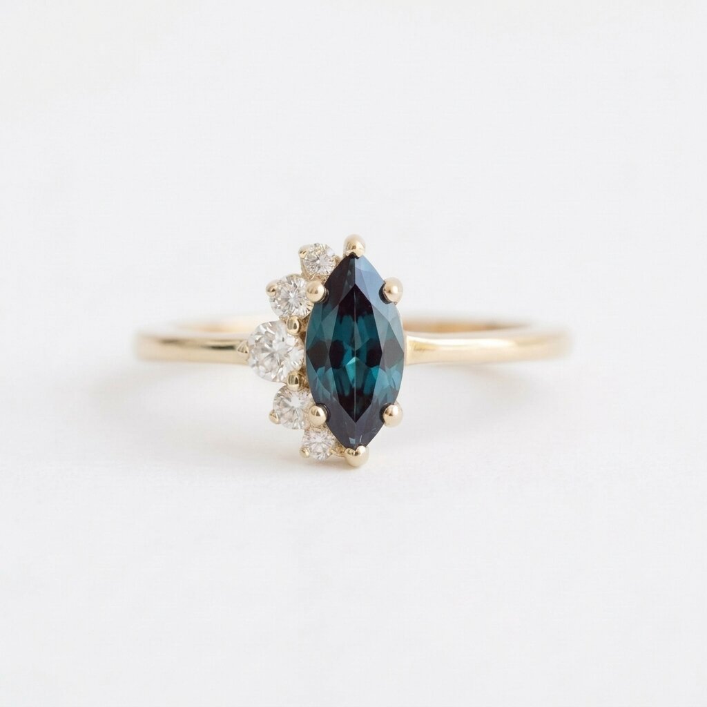 Marquise Cut Alexandrite Ring, Color Changing Stone, Solid Gold Engagement Ring