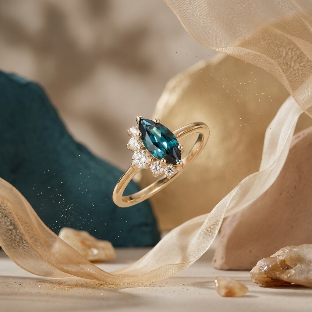 Marquise Cut Alexandrite Ring, Color Changing Stone, Solid Gold Engagement Ring