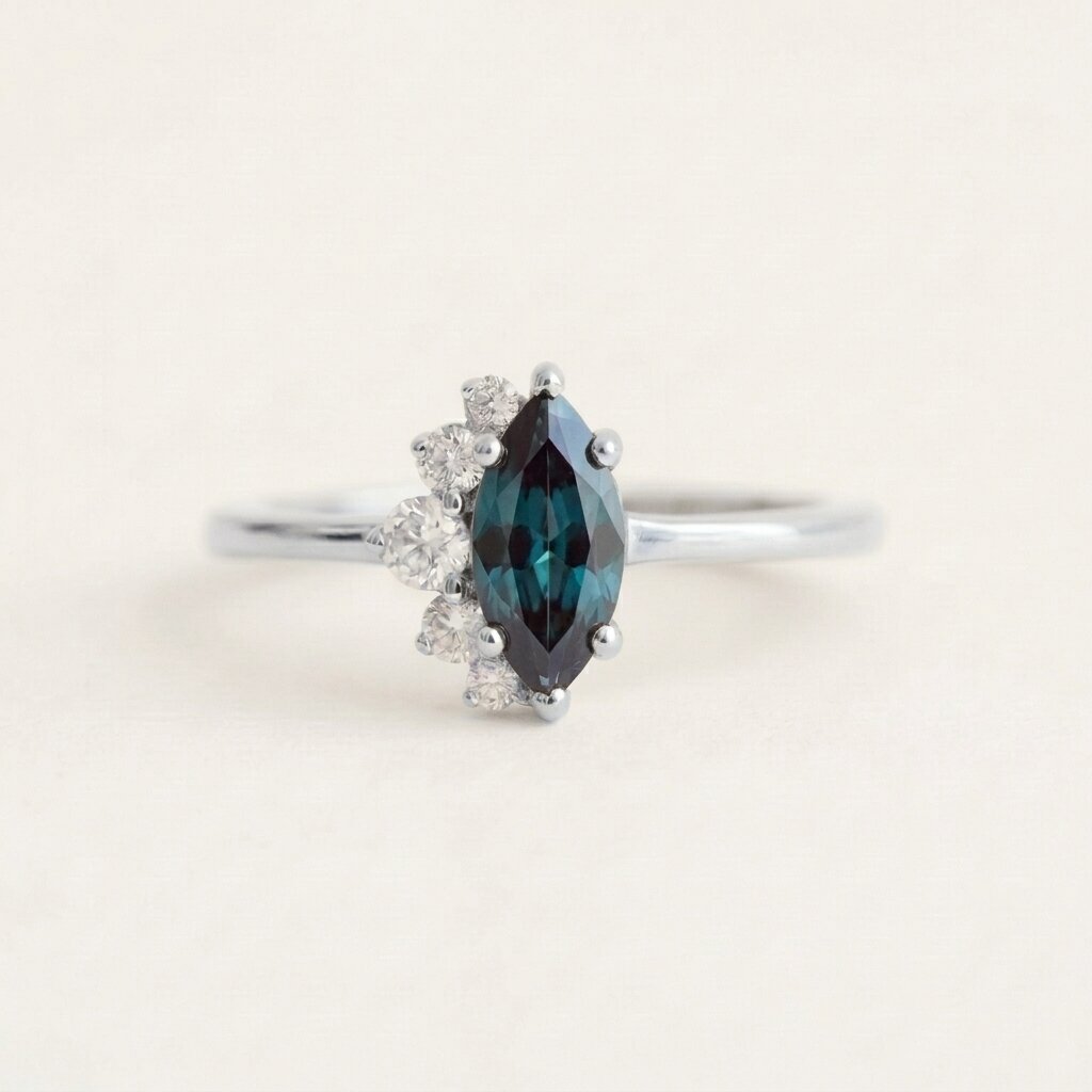 Marquise Cut Alexandrite Ring, Color Changing Stone, Solid Gold Engagement Ring
