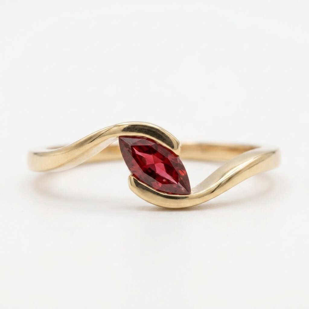 Marquise Cut Garnet Engagement Ring, 14k Solid Gold Wave Solitaire Wedding Ring