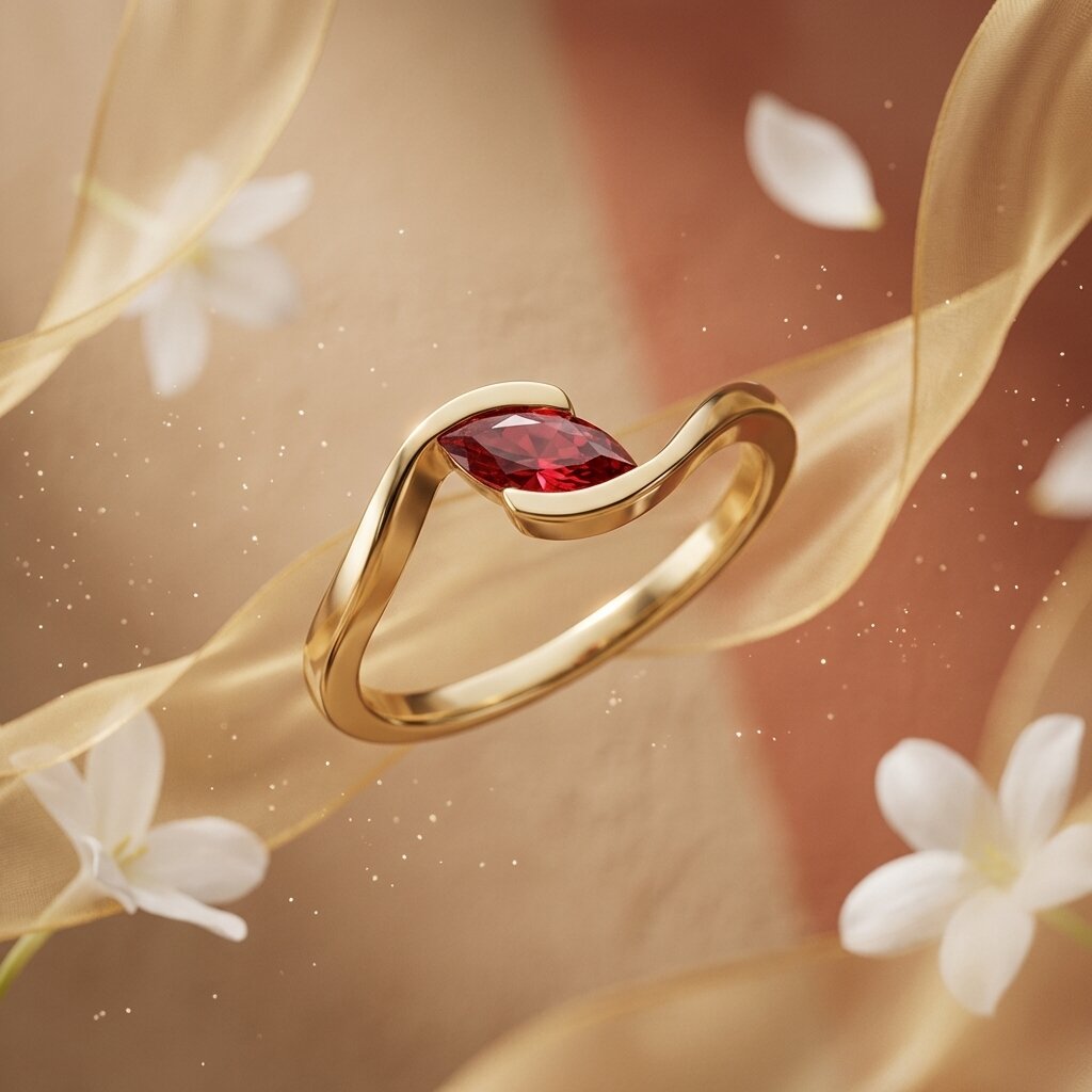 Marquise Cut Garnet Engagement Ring, 14k Solid Gold Wave Solitaire Wedding Ring