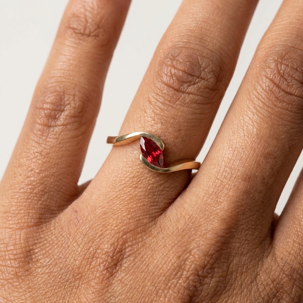 Marquise Cut Garnet Engagement Ring, 14k Solid Gold Wave Solitaire Wedding Ring