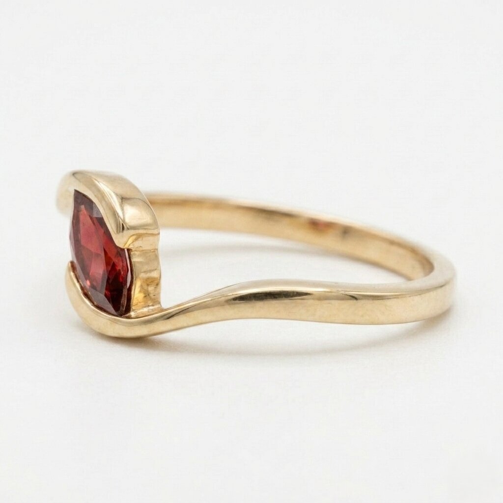 Marquise Cut Garnet Engagement Ring, 14k Solid Gold Wave Solitaire Wedding Ring