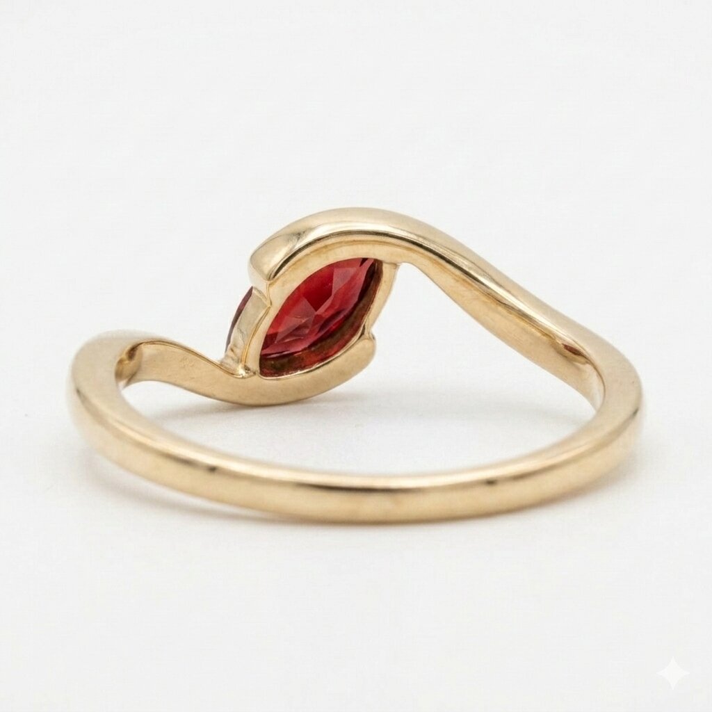 Marquise Cut Garnet Engagement Ring, 14k Solid Gold Wave Solitaire Wedding Ring