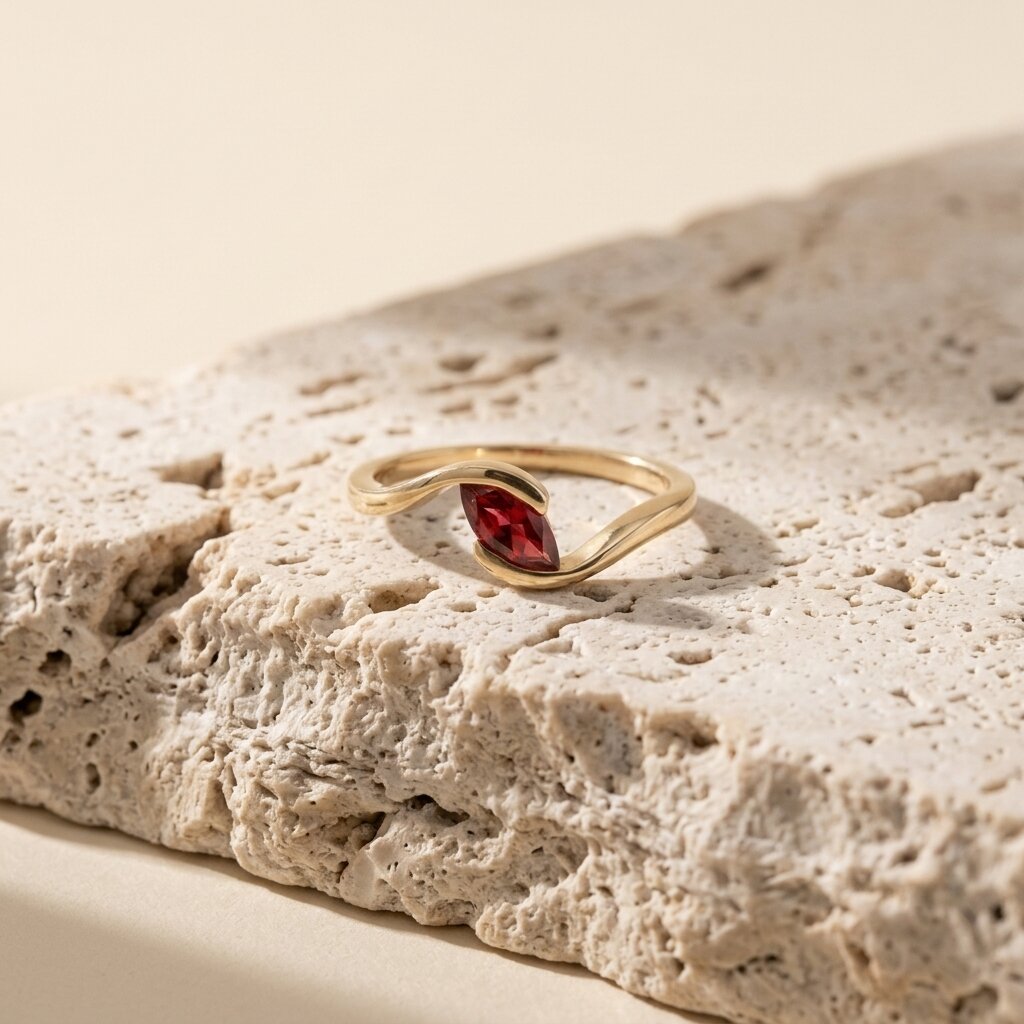 Marquise Cut Garnet Engagement Ring, 14k Solid Gold Wave Solitaire Wedding Ring