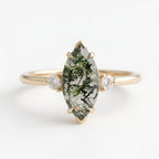 Marquise Moss Agate Diamond Engagement Ring, Alternative Green Gemstone Jewelry