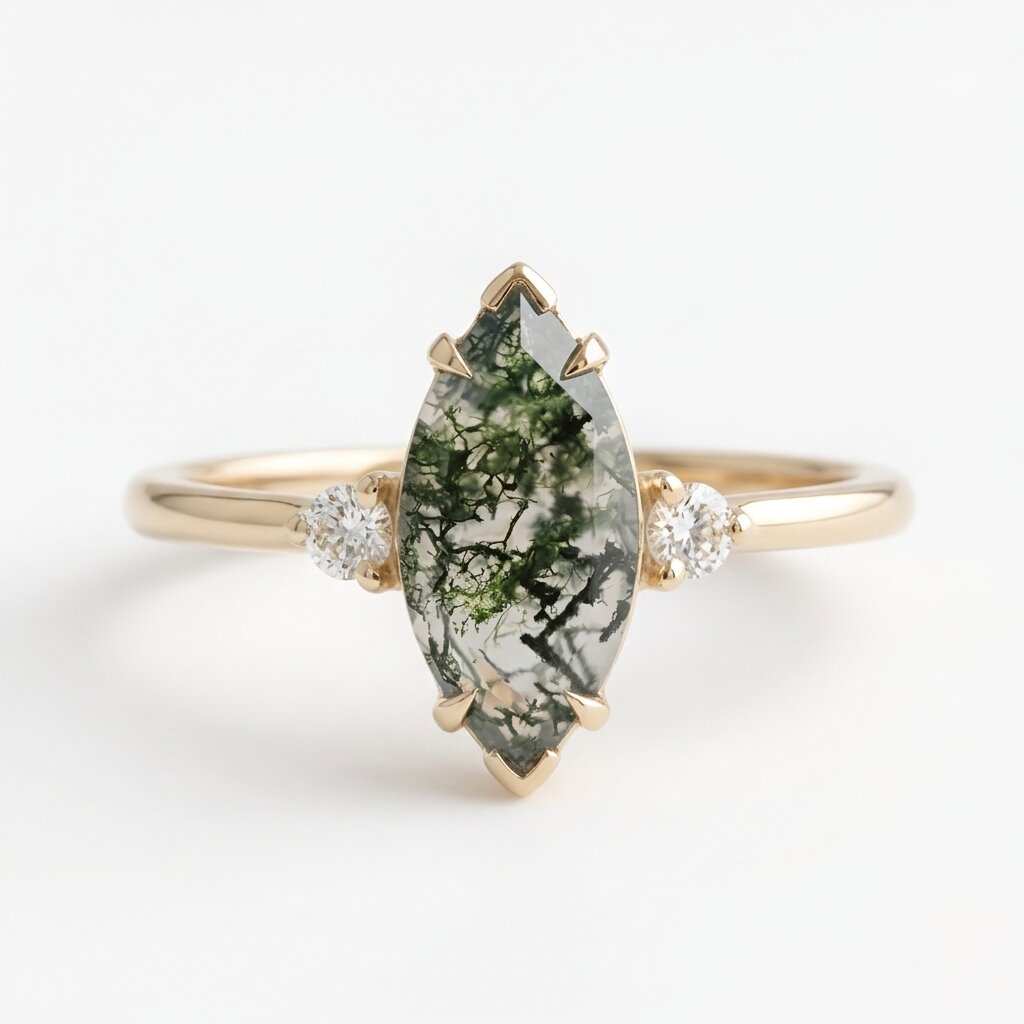 Marquise Moss Agate Diamond Engagement Ring, Alternative Green Gemstone Jewelry