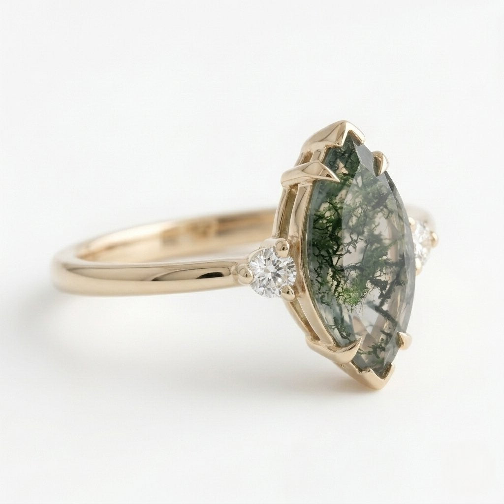Marquise Moss Agate Diamond Engagement Ring, Alternative Green Gemstone Jewelry