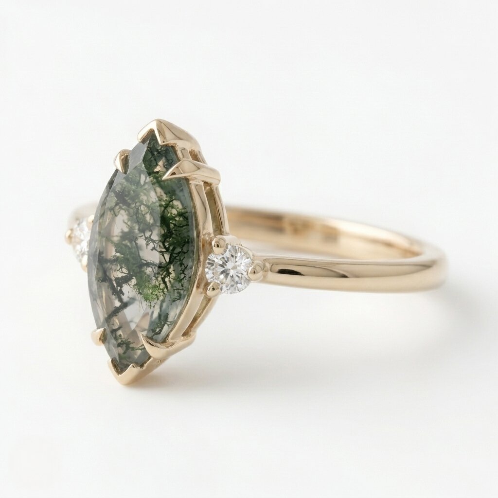 Marquise Moss Agate Diamond Engagement Ring, Alternative Green Gemstone Jewelry