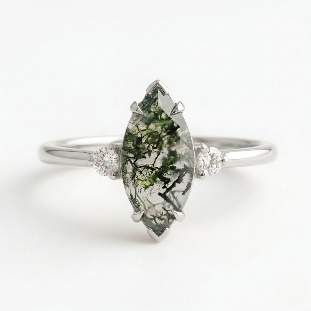 Marquise Moss Agate Diamond Engagement Ring, Alternative Green Gemstone Jewelry