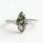 Marquise Moss Agate Diamond Engagement Ring, Alternative Green Gemstone Jewelry