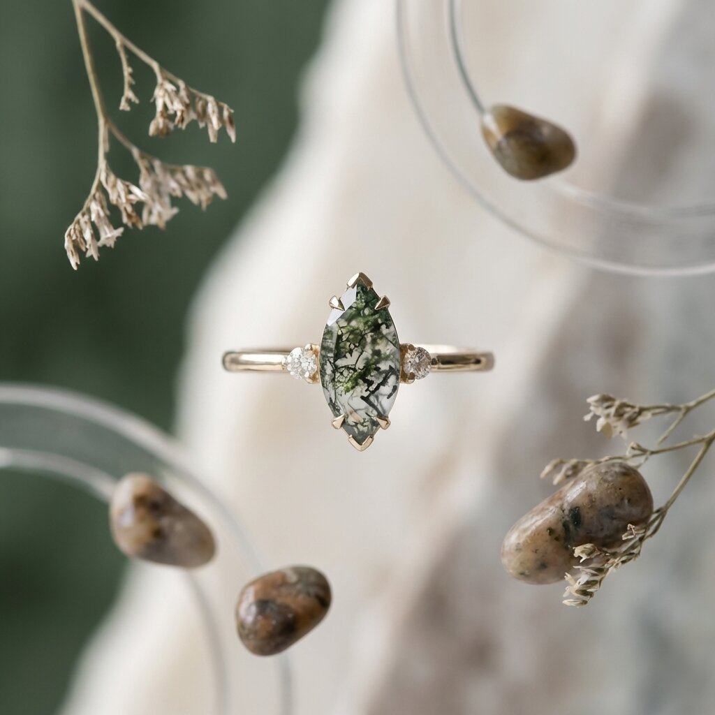 Marquise Moss Agate Diamond Engagement Ring, Alternative Green Gemstone Jewelry