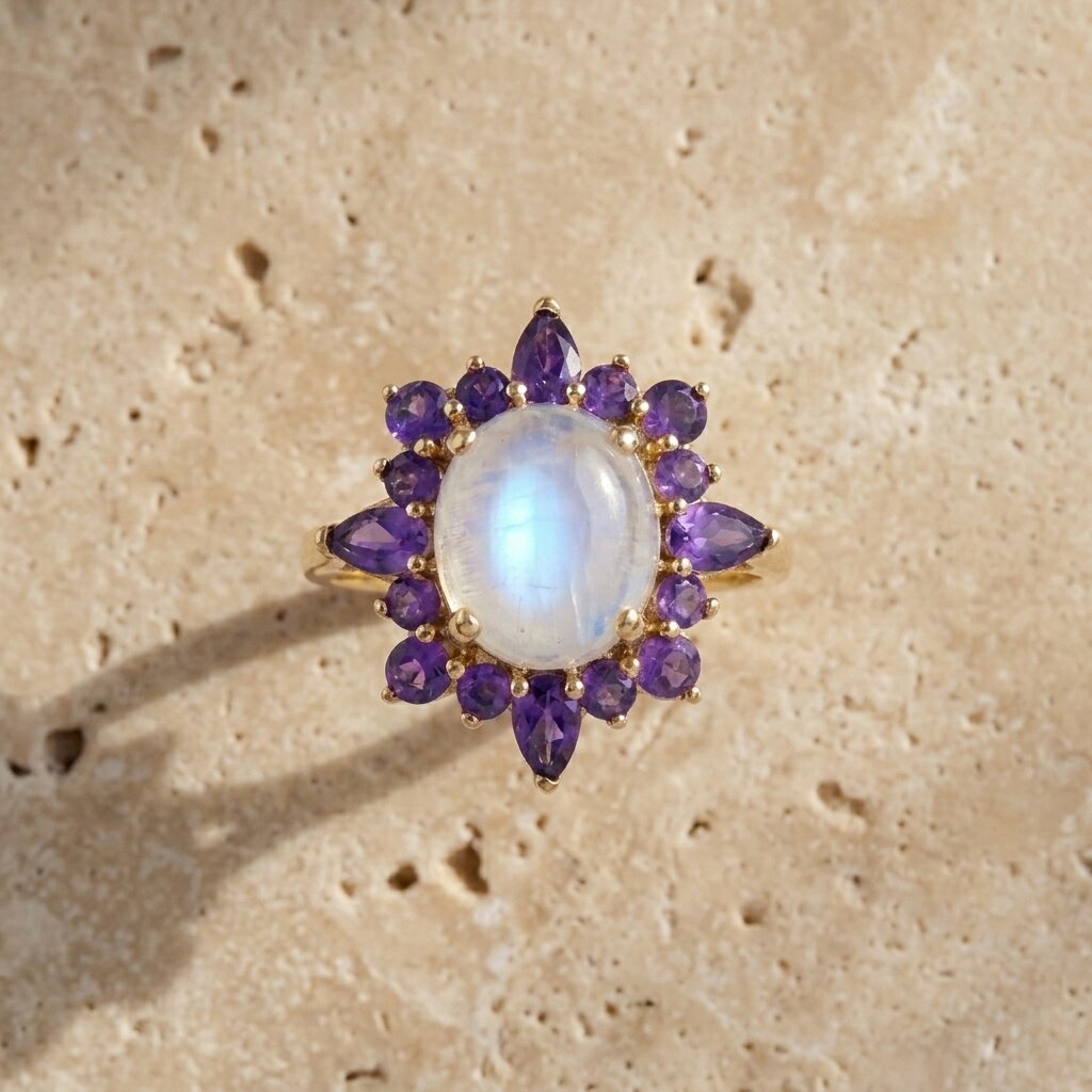 14k Natural Oval Cut Moonstone And Amethyst Engagement Ring, Cluster Ring, Birthstone Ring, Anniversary Ring