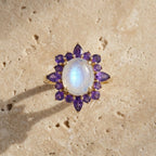 14k Natural Oval Cut Moonstone And Amethyst Engagement Ring, Cluster Ring, Birthstone Ring, Anniversary Ring