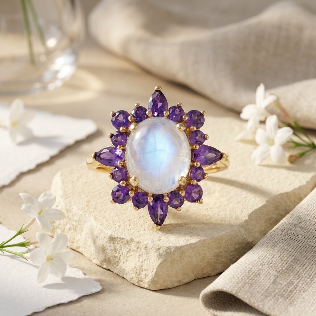 14k Natural Oval Cut Moonstone And Amethyst Engagement Ring, Cluster Ring, Birthstone Ring, Anniversary Ring