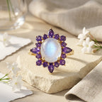 14k Natural Oval Cut Moonstone And Amethyst Engagement Ring, Cluster Ring, Birthstone Ring, Anniversary Ring