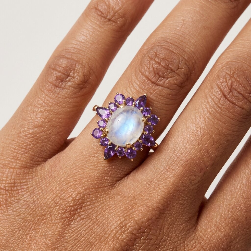 14k Natural Oval Cut Moonstone And Amethyst Engagement Ring, Cluster Ring, Birthstone Ring, Anniversary Ring