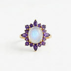 14k Natural Oval Cut Moonstone And Amethyst Engagement Ring, Cluster Ring, Birthstone Ring, Anniversary Ring