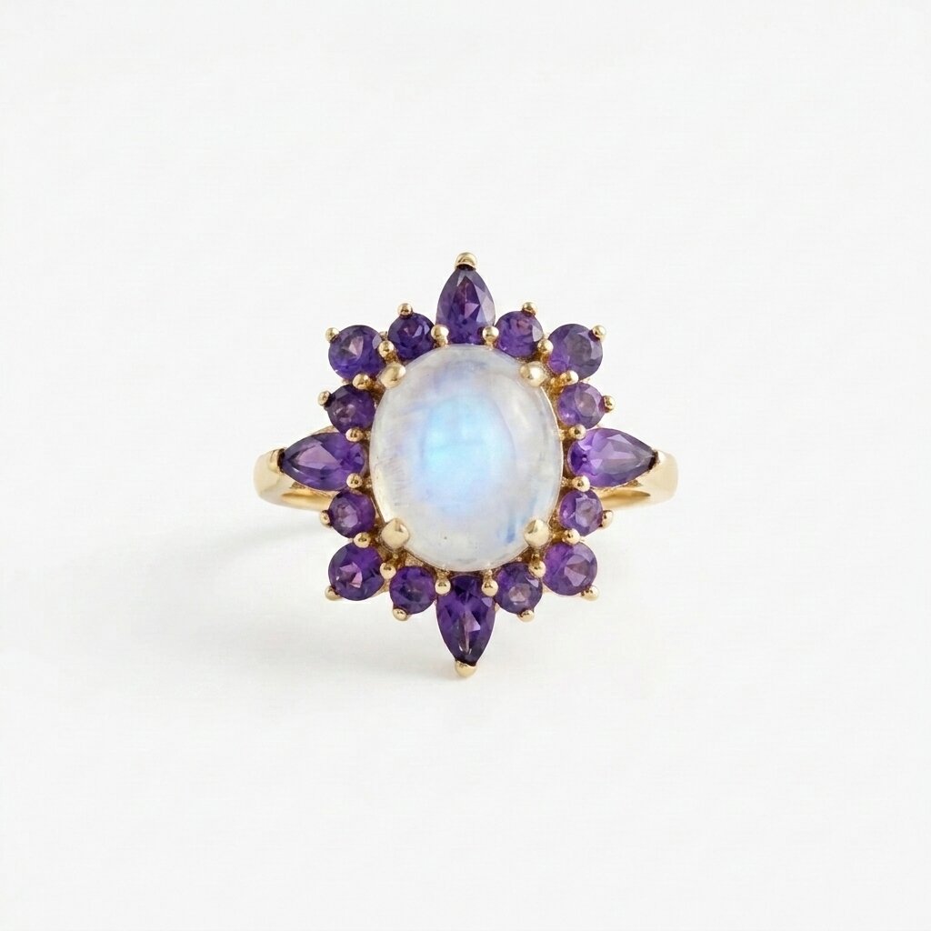 14k Natural Oval Cut Moonstone And Amethyst Engagement Ring, Cluster Ring, Birthstone Ring, Anniversary Ring