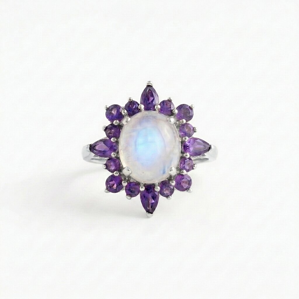 14k Natural Oval Cut Moonstone And Amethyst Engagement Ring, Cluster Ring, Birthstone Ring, Anniversary Ring