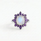 14k Natural Oval Cut Moonstone And Amethyst Engagement Ring, Cluster Ring, Birthstone Ring, Anniversary Ring