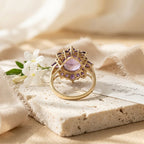 14k Natural Oval Cut Moonstone And Amethyst Engagement Ring, Cluster Ring, Birthstone Ring, Anniversary Ring
