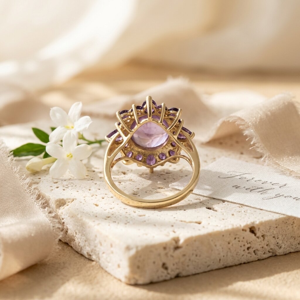 14k Natural Oval Cut Moonstone And Amethyst Engagement Ring, Cluster Ring, Birthstone Ring, Anniversary Ring