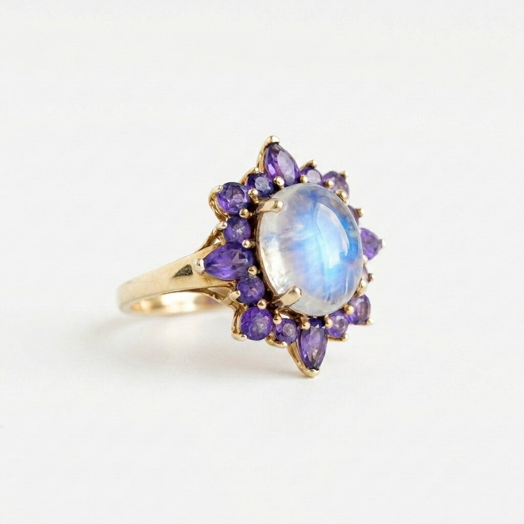 14k Natural Oval Cut Moonstone And Amethyst Engagement Ring, Cluster Ring, Birthstone Ring, Anniversary Ring