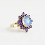 14k Natural Oval Cut Moonstone And Amethyst Engagement Ring, Cluster Ring, Birthstone Ring, Anniversary Ring