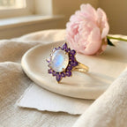 14k Natural Oval Cut Moonstone And Amethyst Engagement Ring, Cluster Ring, Birthstone Ring, Anniversary Ring