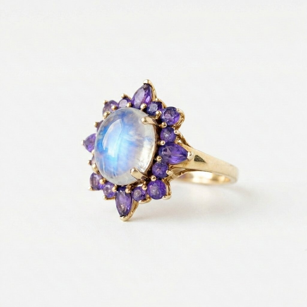 14k Natural Oval Cut Moonstone And Amethyst Engagement Ring, Cluster Ring, Birthstone Ring, Anniversary Ring