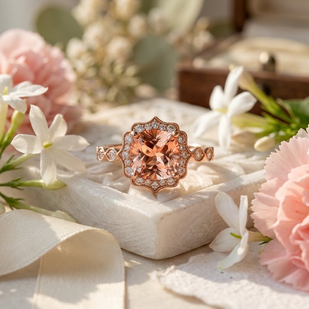 14k Rose Gold Cushion Cut Morganite Halo Ring, Art Deco Peach Wedding Band