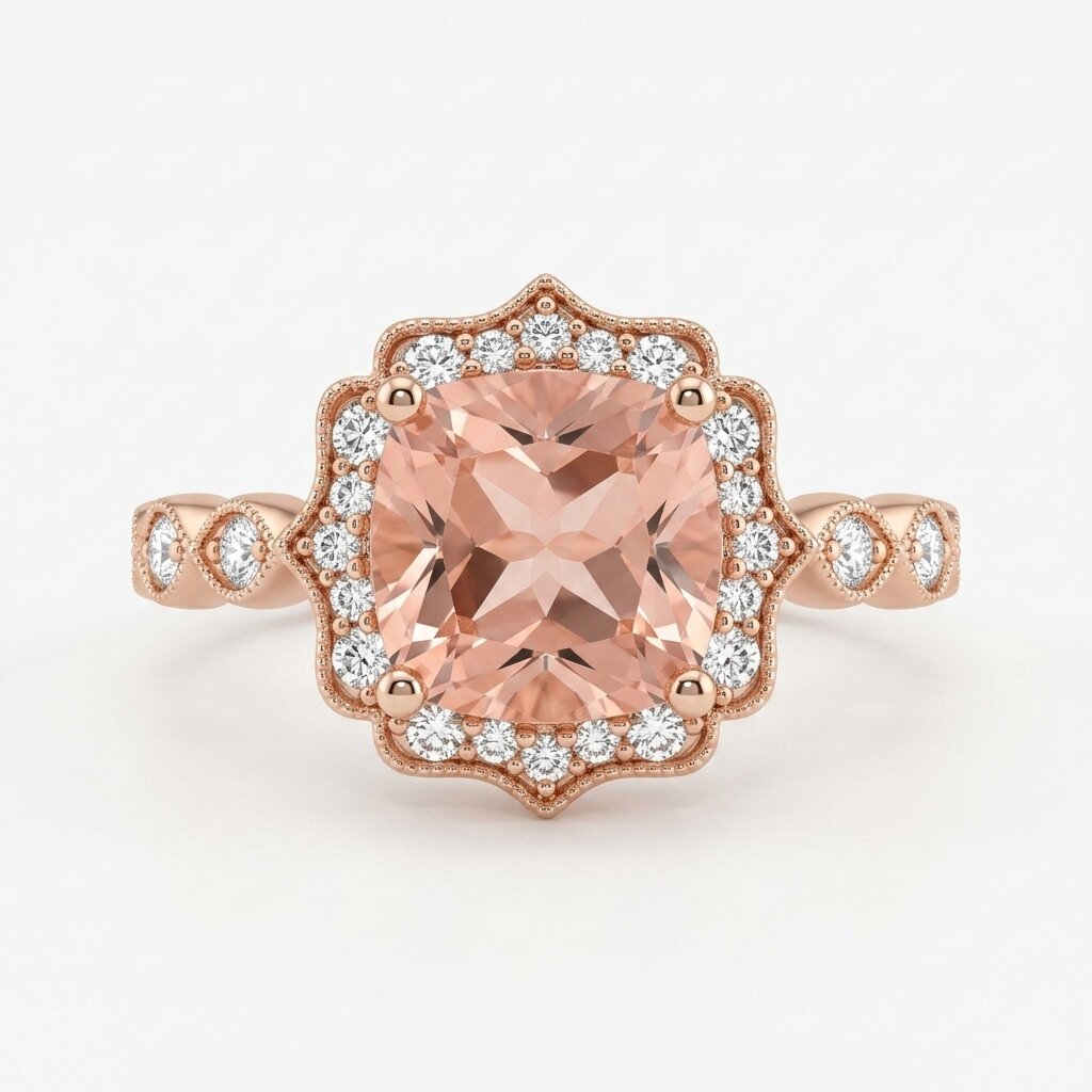 14k Rose Gold Cushion Cut Morganite Halo Ring, Art Deco Peach Wedding Band