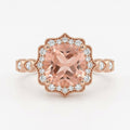 14k Rose Gold Cushion Cut Morganite Halo Ring, Art Deco Peach Wedding Band