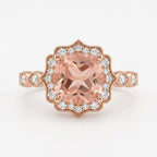 14k Rose Gold Cushion Cut Morganite Halo Ring, Art Deco Peach Wedding Band